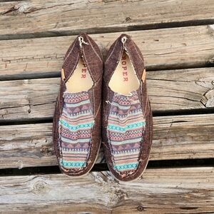 Roper Aztec Slip On Moc Western Casual Brown Turquoise Canvas Cowgirl
